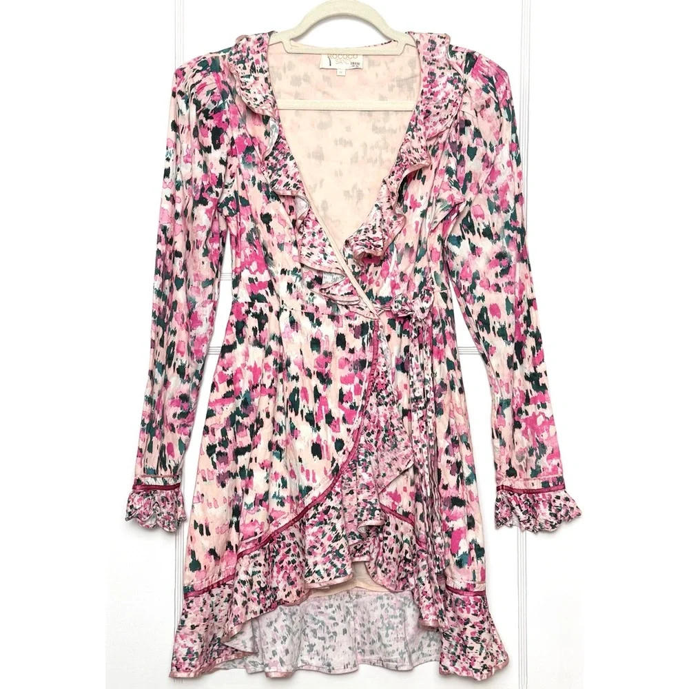 ROCOCO SAND Impressionist Floral Print Puff Long Sleeve Ruffle Wrap Mini Dress M